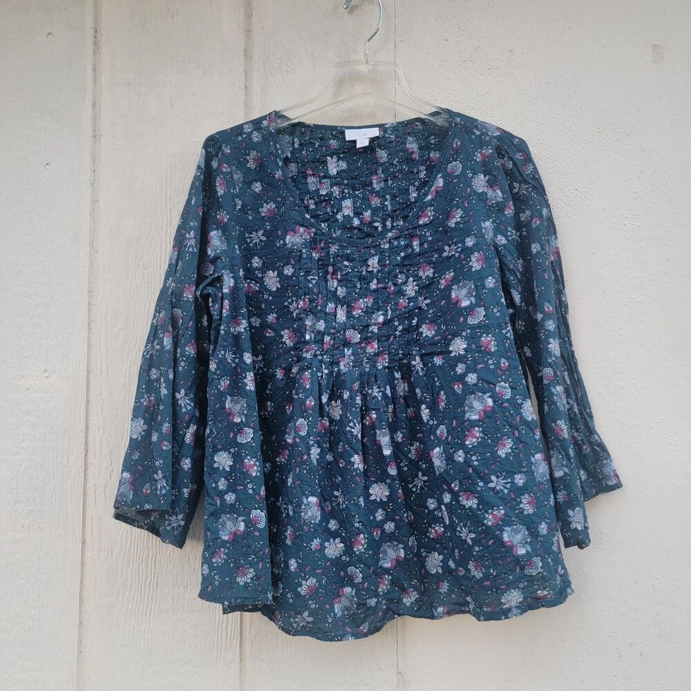 J.Jill Peasant Top Blouse Size Small Green Floral Boho Cottagecore